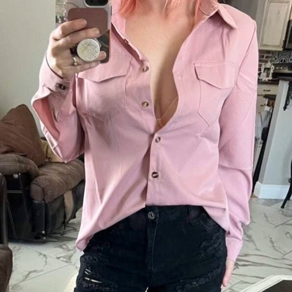 Classic Solid Pockets Button Down Boyfriend Shirt top - Picture 6 of 10